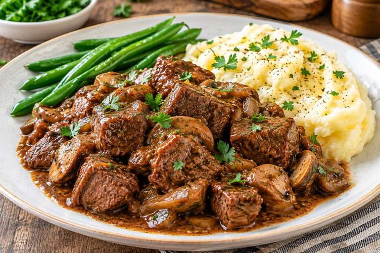 Melt-In-Your-Mouth Classic Beef Tips with Rich Brown Gravy